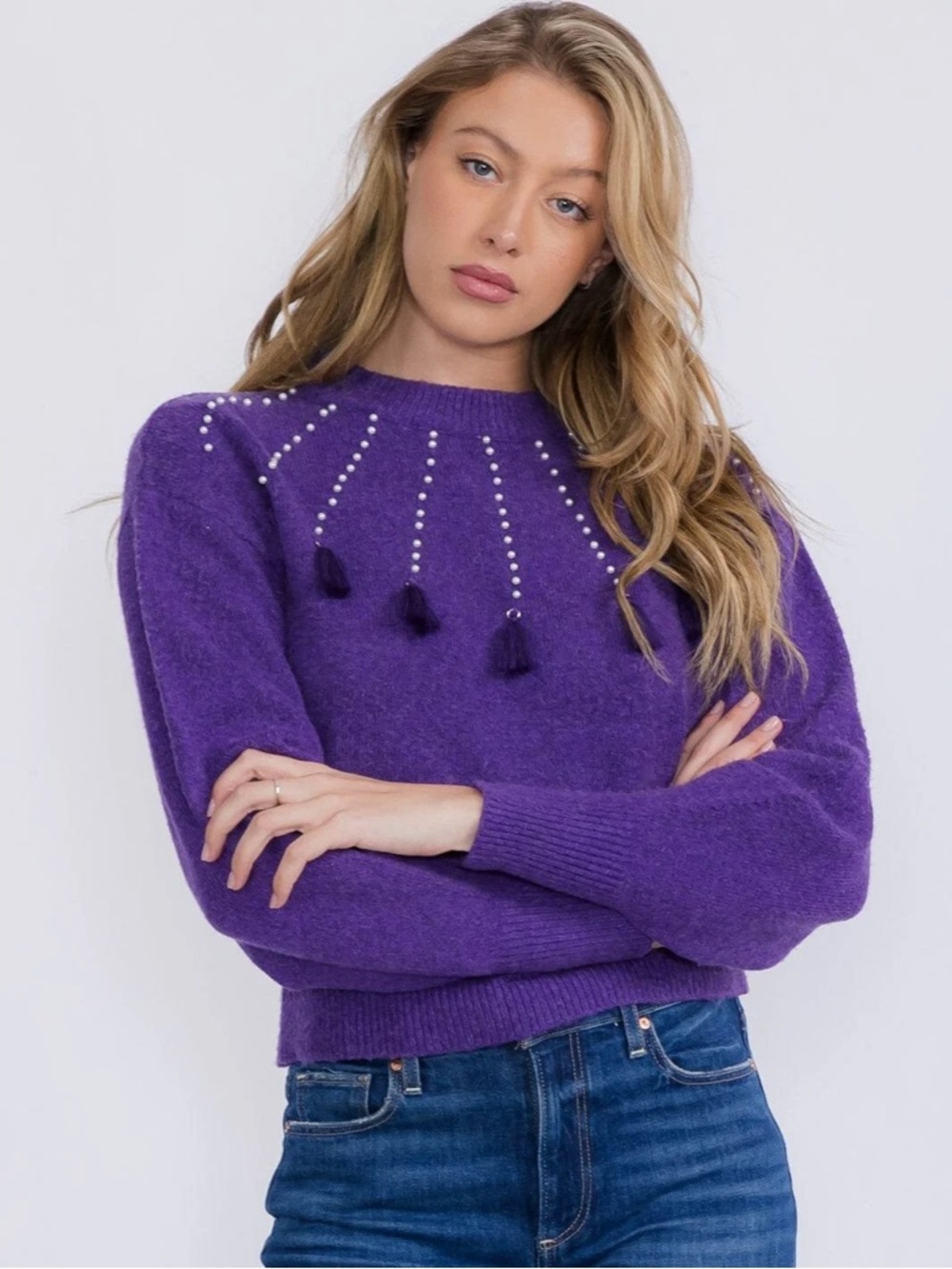 Purple Tassel Detail Crewneck Sweater